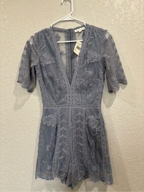 Socialite Dusty Blue Lace V-Neck Romper Dress
